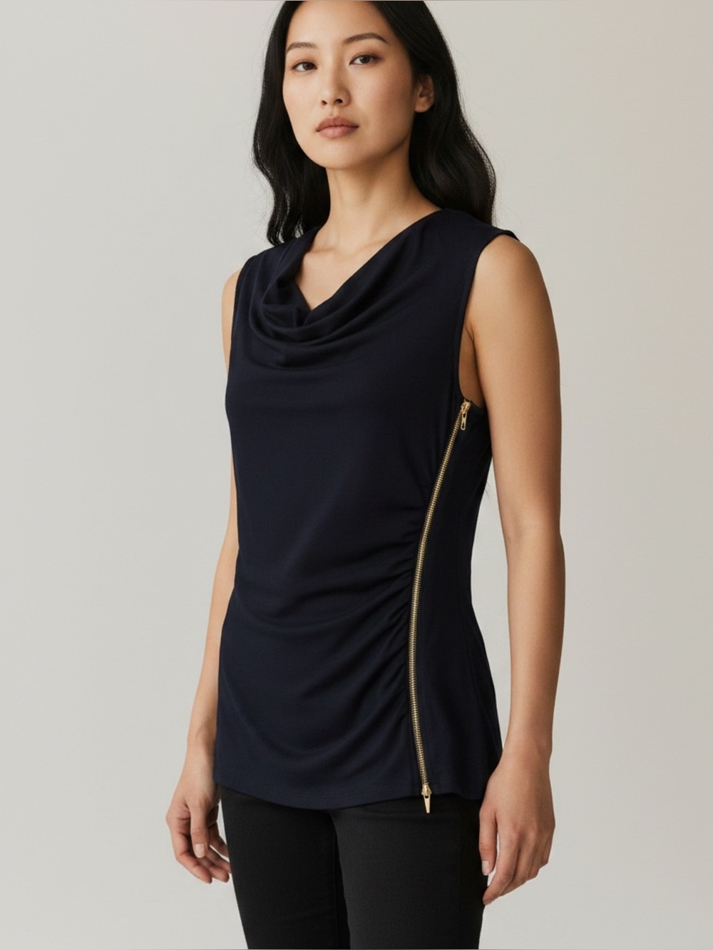 Y2K Cache Women’s XS Asymmetrical Zipper Sleeveless Cowl Neck Top Black